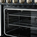 Angled interior view of the FORNO Paolo 36-Inch Electric Range in black, showcasing the spacious blue enamel oven cavity, convection fan, and durable multi-level oven racks.