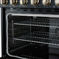Angled interior view of the FORNO Paolo 36-Inch Electric Range in black, showcasing the spacious blue enamel oven cavity, convection fan, and durable multi-level oven racks.