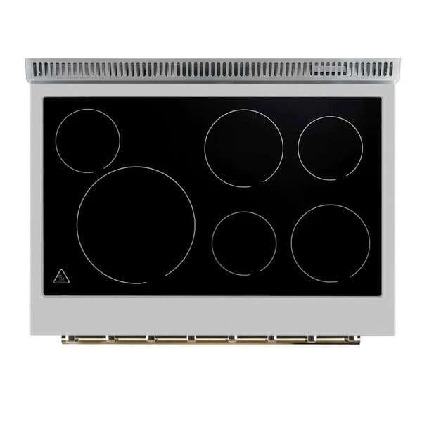 Top-down view of the FORNO Paolo 36-Inch Electric Range in black, showcasing a sleek ceramic glass cooktop with clearly marked radiant heating zones and smooth black stainless trim.