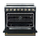 Front view of the FORNO Paolo 36-Inch Electric Range in black with the oven door open, revealing a spacious blue enamel interior, convection fan, and heavy-duty oven racks.
