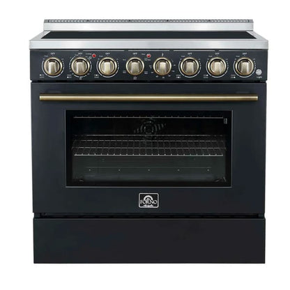 Front view of the FORNO Paolo 36-Inch Electric Range in black, featuring a modern black stainless steel finish, smooth ceramic cooktop, and sleek control panel for a bold kitchen upgrade.