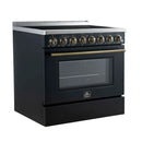 Left-angled front view of the FORNO Paolo 36-Inch Electric Range in black, showcasing its matte black stainless finish, smooth cooktop surface, and closed oven door design.