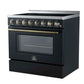 Right-angled front view of the FORNO Paolo 36-Inch Electric Range in black, highlighting its contemporary black stainless steel finish, seamless cooktop, and professional control design.