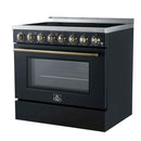 Right-angled front view of the FORNO Paolo 36-Inch Electric Range in black, highlighting its contemporary black stainless steel finish, seamless cooktop, and professional control design.