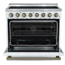 Front view of the FORNO Paolo 36-Inch Electric Range in white with the oven door open, revealing a blue enamel interior, convection fan, and heavy-duty multi-level oven racks.
