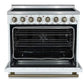Front view of the FORNO Paolo 36-Inch Electric Range in white with the oven door open, revealing a blue enamel interior, convection fan, and heavy-duty multi-level oven racks.