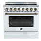 Front view of the FORNO Paolo 36-Inch Electric Range in white, featuring a clean white finish, smooth ceramic glass cooktop, and professional-grade control knobs in stainless steel.