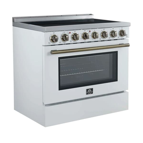 Left-angled front view of the FORNO Paolo 36-Inch Electric Range in white, showcasing its sleek white finish, smooth ceramic glass cooktop, and closed oven door for a modern kitchen look.