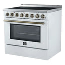 Right-angled front view of the FORNO Paolo 36-Inch Electric Range in white, highlighting its elegant white finish, seamless ceramic glass cooktop, and professional stainless steel knobs.