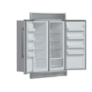 Interior view of FORNO Rizzuto 60-Inch Refrigerator-Freezer Combo in stainless steel, showing dual swing doors, adjustable glass shelves, door storage bins, and lower freezer basket.
