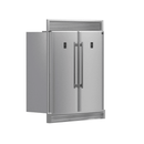 FORNO Rizzuto 60″ Refrigerator-Freezer Combo in stainless steel, shown at an angle with pro-style handles and sleek dual door configuration.