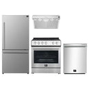 Full view of the FORNO 4-Piece Appliance Package, including a stainless steel French door refrigerator, a gas range, a built-in dishwasher, and a range hood, all featuring a cohesive modern design ideal for a complete kitchen upgrade.