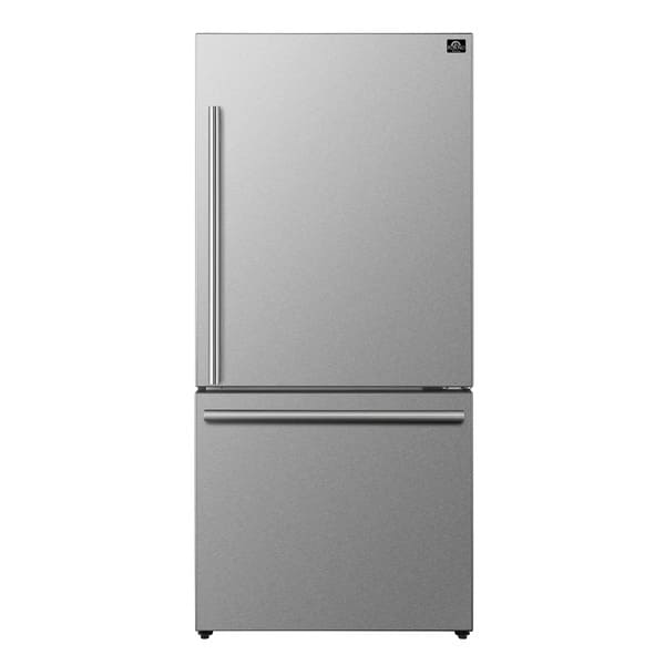 Front view of the FORNO Milano stainless steel French door refrigerator, part of the 4-Piece Appliance Package, showcasing a sleek modern design with dual freezer drawers, recessed handles, and a fingerprint-resistant stainless steel finish.
