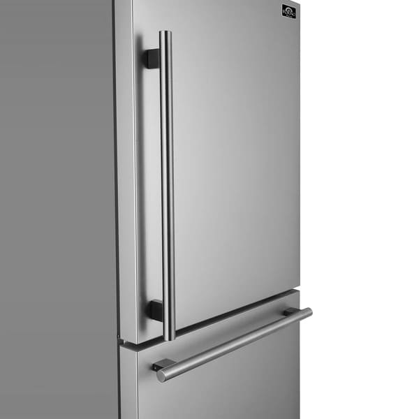 Side view of the FORNO Milano stainless steel French door refrigerator, highlighting the sleek side-mounted handles and smooth stainless steel finish, designed for a flush fit and modern kitchen aesthetic as part of the 4-Piece Appliance Package.