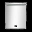 Front view of the FORNO Pozzo dishwasher from the 4-Piece Appliance Package, featuring a sleek stainless steel door with a minimalist handle and fully integrated design for a clean, modern kitchen aesthetic.