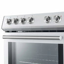 Close-up view of the control panel on the FORNO espresso electric range from the 4-Piece Appliance Package, featuring stainless steel knobs and a digital display for precise control of oven temperature, cooking modes, and timer functions.