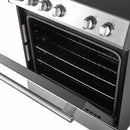 View of the oven door on the FORNO espresso electric range from the 4-Piece Appliance Package, featuring a large tempered glass window, stainless steel handle, and espresso-colored finish, designed for style and convenient monitoring during cooking.
