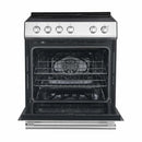 Front-top angled view of the FORNO espresso electric range from the 4-Piece Appliance Package, showing the black ceramic glass cooktop with multiple radiant zones, stainless steel control knobs, and a large oven door with window, all wrapped in a rich espresso finish.