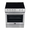 Top view of the FORNO espresso electric range from the 4-Piece Appliance Package, highlighting the smooth black ceramic glass cooktop with clearly marked radiant heating zones, designed for precise and easy-to-clean cooking performance.