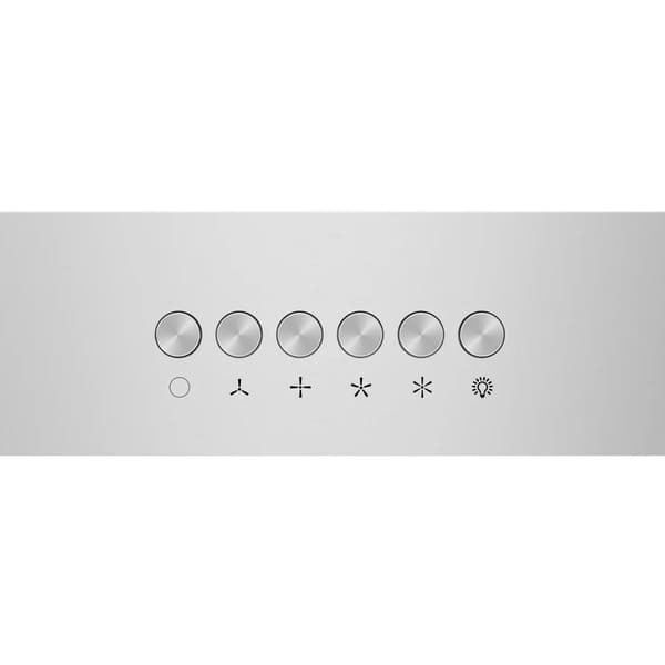 Close-up of the control panel on the FORNO espresso range hood from the 4-Piece Appliance Package, featuring a sleek, user-friendly interface with push-button controls for fan speeds, lighting, and power, all set against a rich espresso finish.