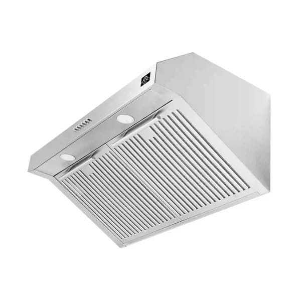 Side view of the FORNO espresso-colored range hood from the 4-Piece Appliance Package, showcasing its tapered chimney design, smooth matte finish, and slim profile for a modern, space-efficient kitchen ventilation solution.