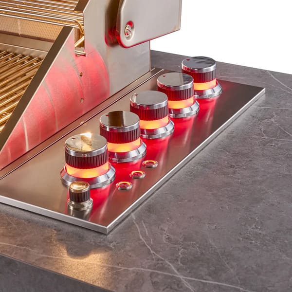 Close-up view of the control panel on the FORNO Rimini 30-Inch Outdoor Kitchen BBQ, featuring sleek stainless steel construction with ergonomic, illuminated control knobs for precise flame and temperature adjustment.