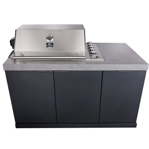  Front view of the FORNO Rimini 30-Inch BBQ Module, showcasing a premium stainless steel grill with multiple control knobs, dual-access storage cabinets, and a streamlined design for high-performance outdoor cooking.