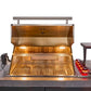 Front view of the FORNO Rimini 30-Inch Outdoor Kitchen with the BBQ lid open, revealing stainless steel cooking grates, multiple burners, and interior lighting, designed for premium outdoor grilling and convenience.