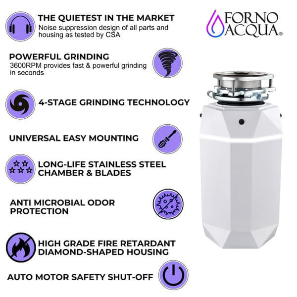 FORNO Acqua BrightDiamond 1HP Super Quiet Garbage Disposal Corded with Motion Sensor Cabinet Light & Pre-Wired Air Switch - MyBBQDirect