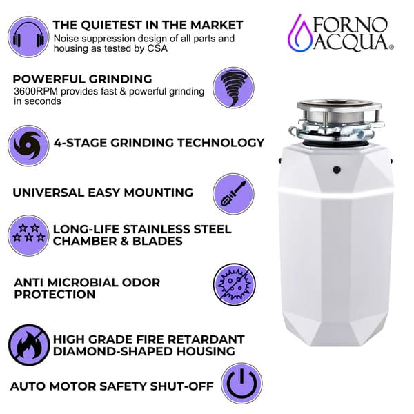 FORNO Acqua BrightDiamond 3/4HP Super Quiet Garbage Disposal Corded with Motion Sensor Cabinet Light & Pre-Wired Air Switch - MyBBQDirect