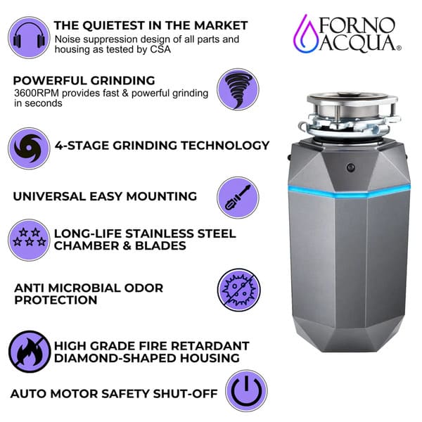 FORNO Acqua BrightDiamond 3/4HP Super Quiet Garbage Disposal Corded with Motion Sensor Cabinet Light & Pre-Wired Air Switch - MyBBQDirect