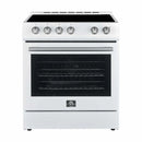 Front view of the Forno 30-inch electric range in a clean white finish, featuring a large oven window, smooth cooktop surface, and minimalist control knobs for a sleek, modern kitchen appearance.