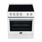 Top view of the Forno 30-inch electric range in white, showcasing a smooth black ceramic glass cooktop with four radiant heating elements and front-mounted control knobs for convenient access.