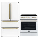 Forno 2-piece appliance package featuring a 30-inch electric range and a 36-inch French door refrigerator, both in a matching white finish with modern handles and sleek lines for a cohesive, contemporary kitchen look.