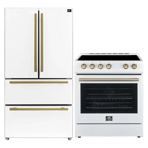Forno 2-piece appliance package featuring a 30-inch electric range and a 36-inch French door refrigerator, both in a matching white finish with modern handles and sleek lines for a cohesive, contemporary kitchen look.