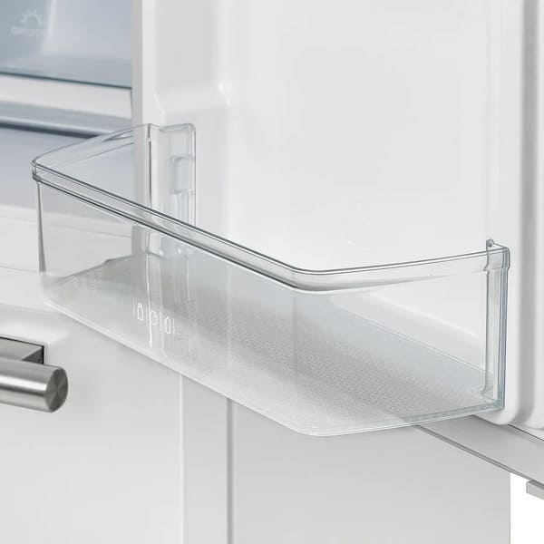 Close-up view of the clear door bins inside the Forno 36-inch French door refrigerator in white, showing sturdy, transparent compartments designed for easy access and efficient storage of bottles and condiments.