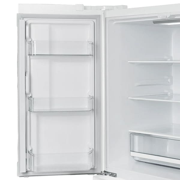 Close-up view of the interior door bins in the Forno 36-inch French door refrigerator in white, featuring multiple clear storage compartments ideal for organizing beverages, condiments, and small items.