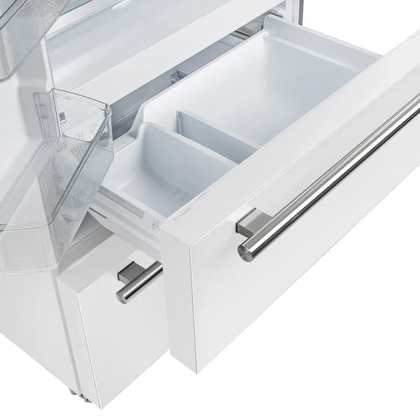 Close-up view of the freezer drawers in the Forno 36-inch French door refrigerator in white, showcasing spacious, pull-out compartments designed for organized frozen food storage and easy access.