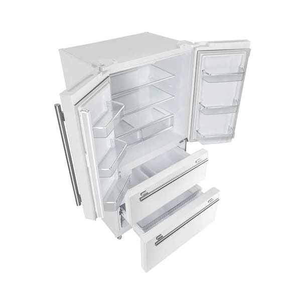 Angled front-side view of the Forno 36-inch French door refrigerator in white with both doors open, showcasing a spacious and well-lit interior with adjustable shelves, clear storage bins, and dual crispers for optimal food organization.
