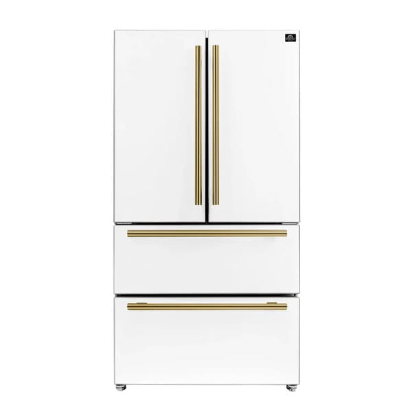 Front view of the Forno 36-inch French door refrigerator in a white finish, featuring sleek double doors, a bottom freezer drawer, and minimalist handles for a clean, modern kitchen aesthetic.