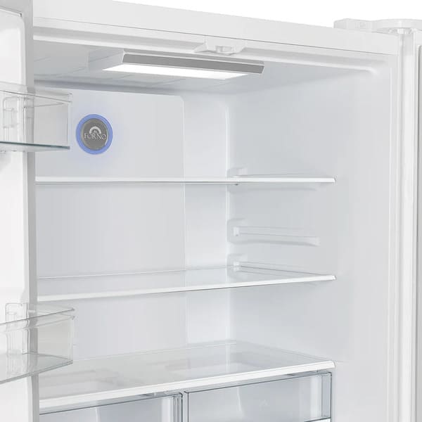 Interior view of the Forno 36-inch French door refrigerator in white, focusing on the adjustable glass shelves designed to maximize storage flexibility and accommodate a variety of food items.