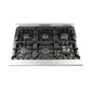 Top view of the FORNO dual fuel range cooktop featuring six sealed gas burners, continuous cast iron grates, and a sleek stainless steel surface.