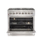 Front view of the FORNO dual fuel range with French doors open, showcasing the spacious stainless steel oven interior and multiple rack positions.