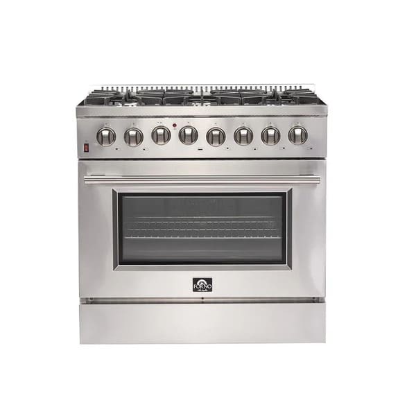 Front view of the FORNO dual fuel range from the 3-piece appliance package, featuring stainless steel construction, control knobs, and a spacious oven with French doors.