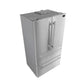 Left angle view of the stainless steel French door refrigerator from the FORNO 3-piece kitchen appliance package, showing double freezer drawers and sleek contemporary handles.
