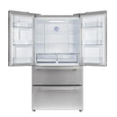 FORNO 36-Inch French Door Refrigerator, front view with both doors open, showcasing organized interior with multiple shelves, door bins, and drawers.