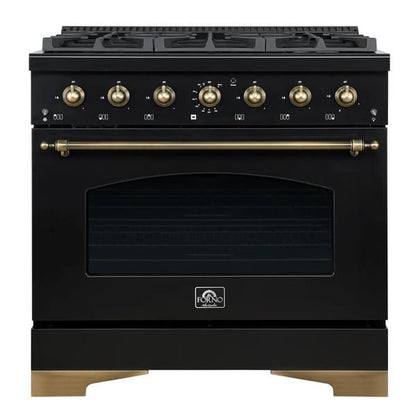Front view of the Forno Antico 36-Inch Dual Fuel Range, featuring a sleek stainless steel finish, brass burner accents, and premium control knobs for a professional kitchen look.