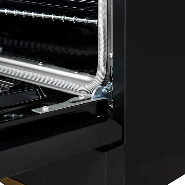 Close-up of the oven door hinges on the Forno Antico 36-Inch Dual Fuel Range, showcasing smooth-opening heavy-duty hinge construction for enhanced durability and safety.