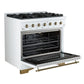 Angled front view of the Forno Antico 36-Inch Dual Fuel Range in white with oven door open, revealing a spacious blue enamel interior, heavy-duty racks, and convection fan for even baking.