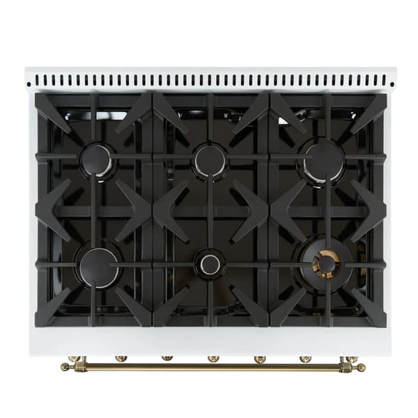 Top-down view of the Forno Antico 36-Inch Dual Fuel Range in white, highlighting five brass burners, continuous cast iron grates, and a clean stainless steel cooktop layout.